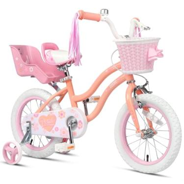 Imagem de Glerc Bicicleta Petal para meninas, bicicleta infantil de 40 cm para idades de 4 a 7 anos, bicicleta infantil estilo princesa com rodas de treinamento, cesta e serpentinas, pêssego