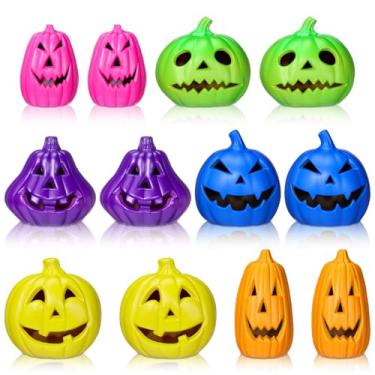 Imagem de Tujoe Conjunto de 12 lanternas de abóbora de Halloween, lâmpada de abóbora com luz de LED, laranja claro, decoração de Halloween para varanda, porta da frente, festa ao ar livre, suprimentos de férias