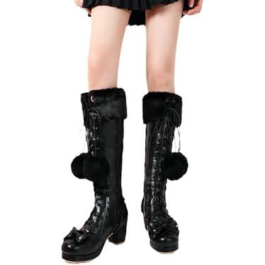 Imagem de Botas De Cano Alto Para Estudantes Mulheres Lolita Botas Longas Botas Bonitas Com Laço Botas De Neve Quente De Inverno Com Bola De Cabelo Mulheres Pu Sapatos De Festa De Couro Com, Black, 7 UK