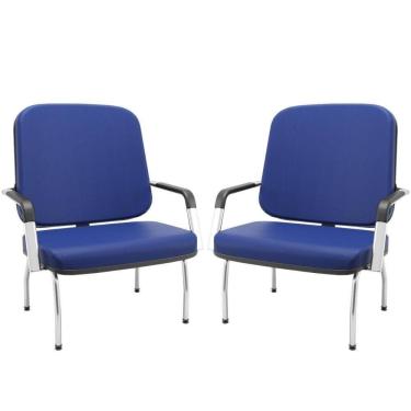 Imagem de Kit 02 Cadeiras De Escritório Recepção Com Braço Fixa Cromada Magno P03 Vinil Azul - Lyam Decor