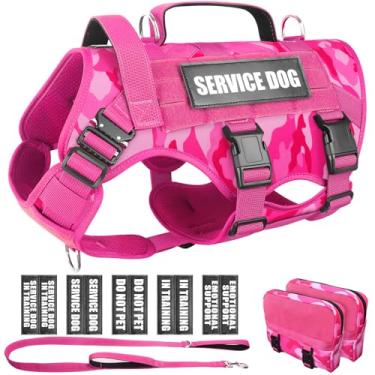 Imagem de WINSEE Peitoral tático para cães com coleira para cães, colete MOLLE de serviço com 10 adesivos para animais de estimação, arnês militar sem puxão e mochila para treinamento, caça, caminhada