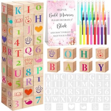 Imagem de Wonderjune 147 conjuntos de jogos de blocos de chá de bebê, 80 blocos de madeira em branco faça você mesmo, 42 estêncis, 24 marcadores de aquarela, 1 placa de jogo de bloco para revelar gênero