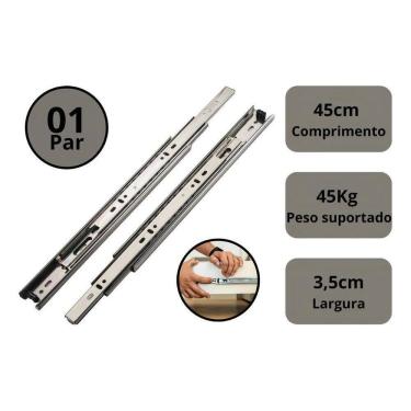 Imagem de 2X Corrediça Gaveta Trilho Telescópico 45Cm - 45Kg - Par Cor