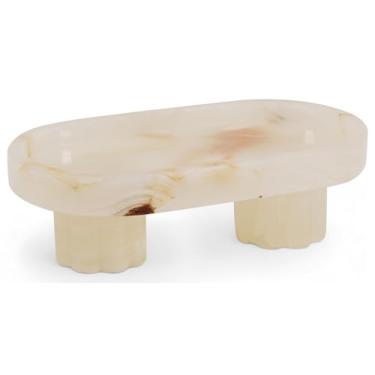 Imagem de Radicaln Bandeja oval de mármore com suporte de 25,4 cm, bandeja de servir feita à mão em ônix branco para bancada de cozinha, prato de frutas e alimentos, expositor de mesa de café, organizador de