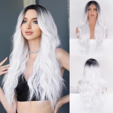 Imagem de Vitorish Peruca longa preta a branca ondulada para mulheres 71 cm pequena renda parte média aparência natural peruca de fibra sintética resistente ao calor para mulheres cosplay de Halloween (TT1B