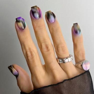 Imagem de 24 peças de unhas postiças quadradas de comprimento médio, unhas postiças mate RIICFDD com desenhos de tinta spray de quatro cores, cola nas unhas, cobertura total, unhas artificiais para mulheres e