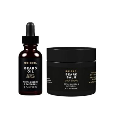 Imagem de Pacote de óleo e bálsamo para barba Golden Grooming para homens | Kit de crescimento natural com manteiga de karité | Bálsamo de 118 ml e óleo de 60 ml | Spicy Grove