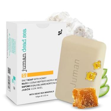 Imagem de JUMAN Sabonete de sal de minerais do Mar Morto para acne e manchas escuras | Infundido com extrato de gel de mel e aloe vera | Vitamina E | Sabonete hidratante para rosto e corpo | 113 g (pacote com 1