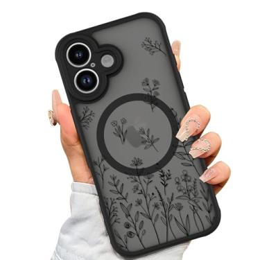 Imagem de AIGOMARA Capa magnética feita para iPhone 17 [compatível com MagSafe] Linda flor preta floral para mulheres meninas TPU macio amortecedor rígido PC traseiro antiqueda à prova de choque capa fina