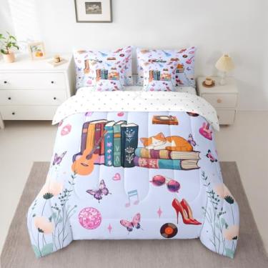 Imagem de Jogo de cama solteiro com estampa de gato, 7 peças, cantora, música, livros e gatos, azul, decoração de quarto, edredom com edredom, lençóis, fronhas e capa de almofada