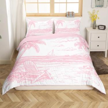 Imagem de jejeloiu Capa de edredom Queen com estampa de palmeira, folhas tropicais, tema de praia, para meninos e meninas, rosa, pintado à mão, estampa de natureza, verão, capa de edredom (sem edredom