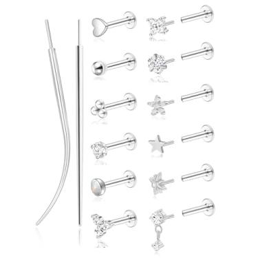 Imagem de Akeoqi Brincos de pressão de aço inoxidável 20G com costas planas brincos de nariz sem rosca CZ tragus cartilagem hélice concha lábio labret piercing de narina joias para mulheres homens dourado tom