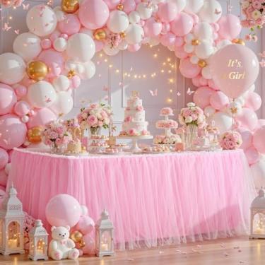 Imagem de Saia de mesa de tule rosa de 3,5 m de comprimento para mesas retangulares, 2 camadas de babados, tule, tutu de pano, saia de mesa para chá de bebê, menina, festa de aniversário, casamento, decoração