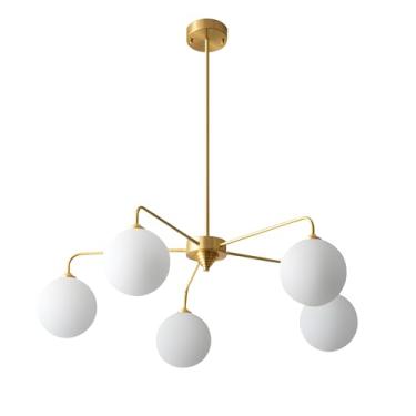 Imagem de Fulesi Lustre Moderno De Latão Com 5 Luzes, Luminária De Teto Dourada De Meados Do Século, Globo De Vidro Branco, Lustre Sputnik Para Sala De Jantar, Quarto, Cozinha