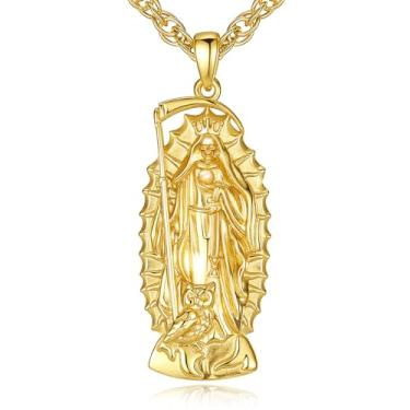 Imagem de EUDORA Colar de prata esterlina banhado a ouro 18 K Papai Noel Muerte para homens e mulheres, pingente vintage de Santa Morte Santa Muerte Amuleto Caveira Joia Morte Grim Reaper Presentes originais