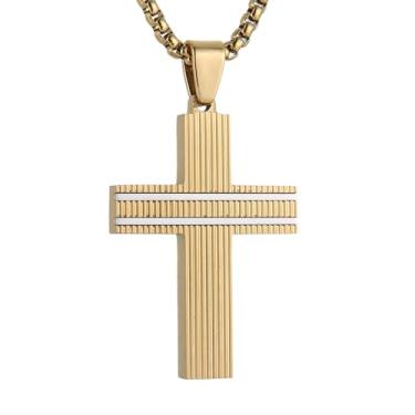 Imagem de HZMAN Colar de cruz masculina de aço inoxidável com pingente de cruz cristã com corrente cubana de 61 cm, Aço inoxidável, Sem Pedra Preciosa