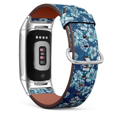 Imagem de MRAKPLGE Pulseira de relógio, padrão de azulejo havaiano, compatível com Fitbit Charge 6/Fitbit Charge 5, pulseira de couro vegano de substituição, pulseira, pulseira para homens e mulheres