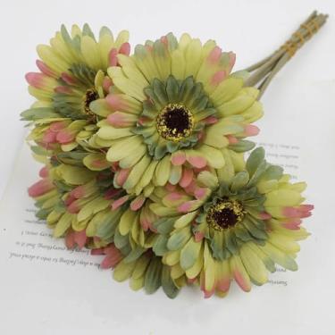 Imagem de Buquê de 6 flores artificiais de gérbera de seda, decoração para mesa de casamento, varanda, margarida falsa, crisântemo, festa, decoração para casa (um buquê com 6 peças/verde)