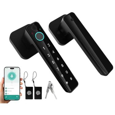 Imagem de Fechadura de porta com impressão digital inteligente 5 em 1, maçaneta digital de entrada sem chave, controle de aplicativo Bluetooth, cartão e chave, maçaneta biométrica com alça, fácil de instalar