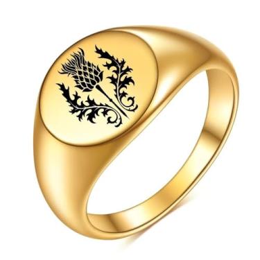 Imagem de Anel de aço inoxidável banhado a ouro 18K para mulheres, design exclusivo de flor de cardo mariano gravado a laser, joia de mão personalizada na moda tamanho 8