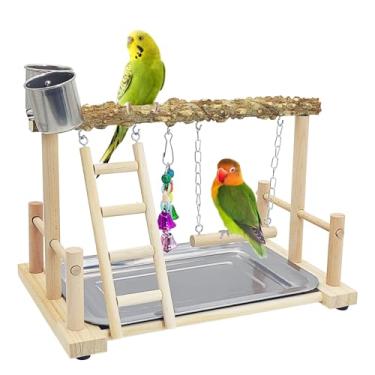 Imagem de kathson Parrots Playground Pegador de madeira de poleiro de pássaro com escada, comedouro giratório, brinquedo de mastigar para periquito