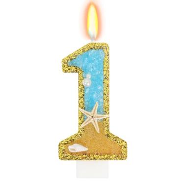 Imagem de ElekFX Vela número 1 do oceano, topo de bolo de estrela do mar dourado com glitter, decorações de aniversário de princesa do oceano tropical para festas e aniversários de casamento