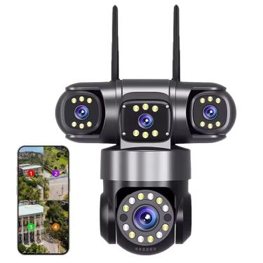 Imagem de Camera de Segurança 4 Lentes HD WiFi PTZ Grava Voz App Sensor Movimento 360 Graus Audio Microfone Vigilancia Proteçao
