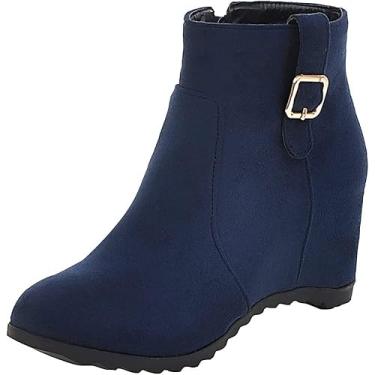 Imagem de Botas femininas quentes de inverno com fivela anabela, botas de neve de bico fino para uso ao ar livre, Azul, 39 BR