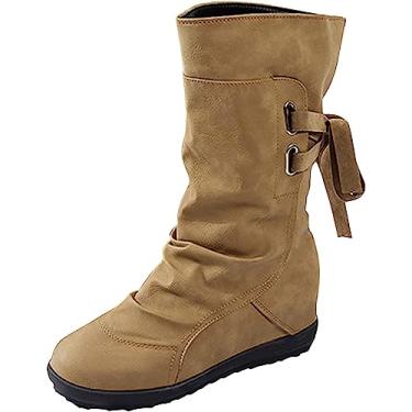 Imagem de Bota feminina de cano médio com cadarço e cano médio, bico redondo, moda retrô, couro PU, bota clássica de puxar, Marrom, 9.5