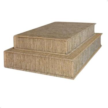 Imagem de Kit 2 Caixa Livro Falso MDF TECIDO JUTA DOURADO Decorativa Porta Objeto Elegante