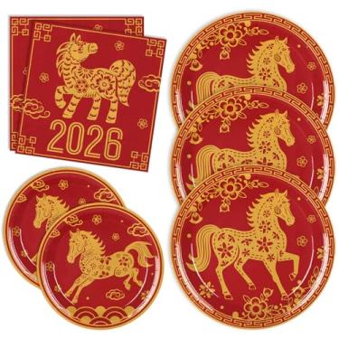 Imagem de Whaline Kit de utensílios de mesa para o ano novo chinês de 2026, 72 peças, pratos e guardanapos descartáveis de cavalo de ouro vermelho para 24 convidados para decoração de festa de Ano Novo Lunar