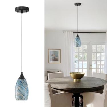 Imagem de ANYLOVE Pingente de arte vintage, iluminação de seixos azuis, 1 unidade de luminária pendurada de vidro manual, cabo ajustável para cozinha, corredor, sala de jantar