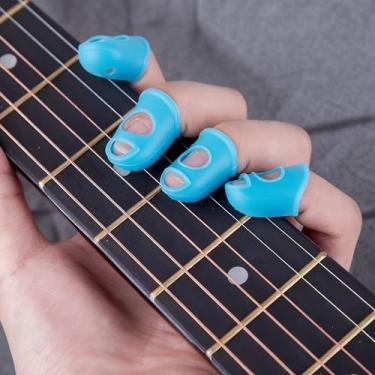 Imagem de Conjunto de proteção de silicone de 5 dedos, capas de proteção de dedo azul celeste para instrumentos de corda, protetores de prática de vários tamanhos para músicos, sistema completo de proteção de