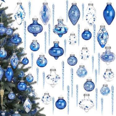 Imagem de Bucherry 48 peças de enfeites de gelo de bola de Natal azul royal de plástico transparente inquebrável decoração de bola de árvore de Natal brilhante de plástico com glitter enfeites de gelo de