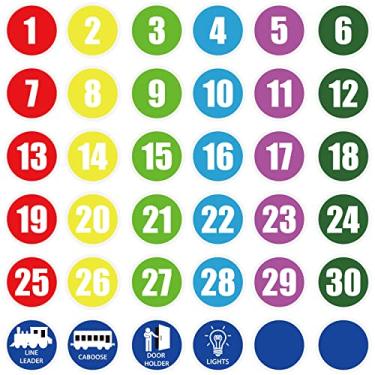 Imagem de 36 adesivos de números de piso de sala de aula, marcadores e etiquetas pontuais alinhados de 10 cm adesivos coloridos exclusivos para decoração de sala de aula pré-escolar, jardim de infância, escola
