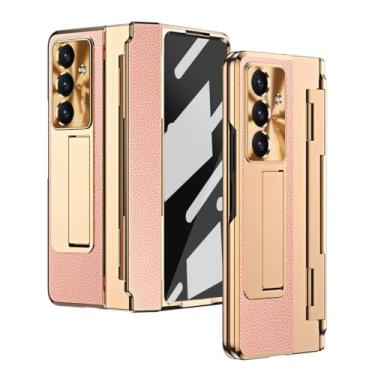 Imagem de Para Samsung Galaxy Z Fold 7 6 5 4 5g com película protetora de tela de vidro, couro de luxo, revestimento único, dobradiça, capa à prova de choque (para Galaxy Z Fold 7/ouro rosa)