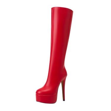 Imagem de Bapolee Botas femininas de couro preto com salto plataforma até o joelho, salto agulha sexy (preta, 12), Vermelho, 37