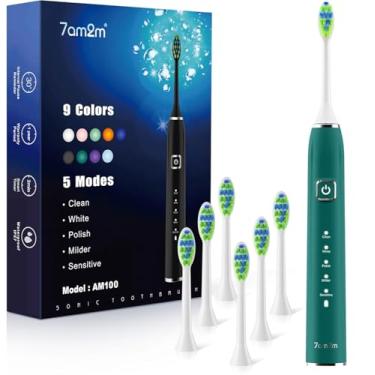 Imagem de 7AM2M Escova de dentes elétrica ultrassônica com 6 cabeças de escova para adultos e crianças, uma carga por 120 dias, carregamento USB-C - verde pavão
