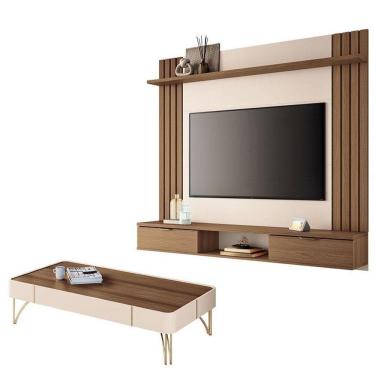 Imagem de Painel Para Tv Suspenso Solus E Mesa De Centro Cadenza Castanho Off White – Hb Móveis