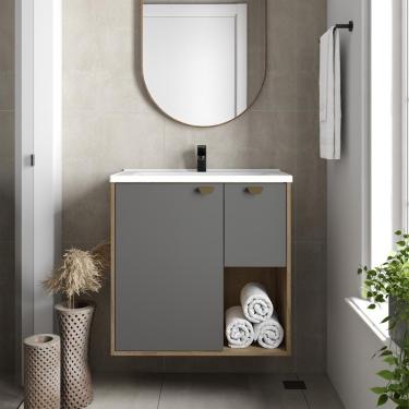 Imagem de Balcão Para Banheiro Pia 1 Porta 1 Gaveta Grafite Bertolini Grafite/carvalho