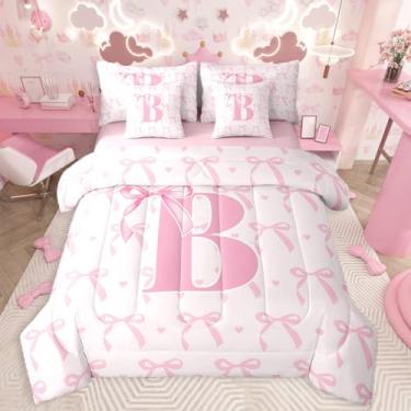 Imagem de jejeloiu Conjunto de edredom infantil fofo com laço rosa e lençol casal com letra B, 7 peças, lindo laço de coquete, cama em uma bolsa, letra B, monograma para todas as estações