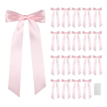 Imagem de Bestanhoye 20 peças de decoração de laço rosa para meninas e mulheres, pano de fundo de fita de cetim rosa autoadesivo, decorações de laços para artesanato de festa, guirlanda pendurada, faixa de