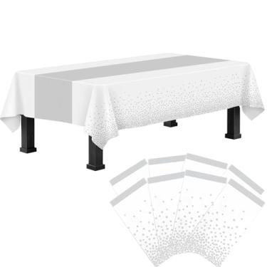 Imagem de Ammbeetty Toalha de mesa de plástico descartável, 8 pacotes de toalha de mesa de plástico branco e prata retangular para decoração de Natal, aniversário, casamento, aniversário, festa, 137 x 272 cm