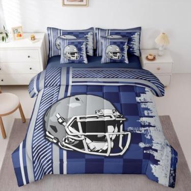 Imagem de Jogo de lençol Queen com estampa de futebol americano, 7 peças, jogo de cama de futebol americano, capacete de fã de rugby e bola de rúgbi, jogo de cama esportivo europeu, cinza e azul (Dallas)