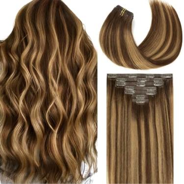 Imagem de Loxxy Extensões De Cabelo Cabelo Humano Real Balayage Castanho Chocolate Para Loiro Caramelo 14 Polegadas 130G 7 Peças De Cabelo Humano Sem Costura Clip In Extensões Trama De Pele Invisível Hightlig