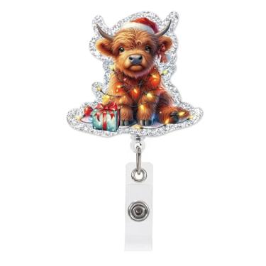 Imagem de Carretel retrátil de crachá de vaca Highland de Natal, cartão de identificação de enfermeira com clipe giratório jacaré, suporte de crachá de acrílico com glitters de bezerro fofo, presentes de