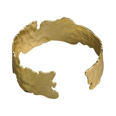 Imagem de Pulseira de punho largo, design aberto com ranhuras, acabamento dourado, acessório estilo boêmio