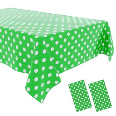 Imagem de OLIVBIN Pacote com 2 toalhas de mesa de bolinhas verdes, toalhas de mesa verdes e brancas, capa de mesa retangular de plástico descartável, adequada para mesas retangulares (137 x 272 cm)