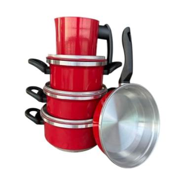 Imagem de Jogo de Panelas com Caneco e Frigideira – Alumínio Grosso 2mm, Kit com 5 Peças para Cozinh(Vermelho)