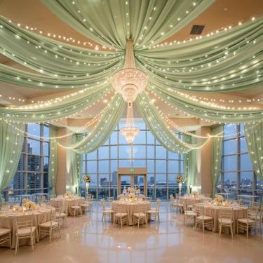 Imagem de FrohFest 6 painéis de cortinas de teto verdes com luzes para casamentos – 1,5 m x 9 m, tecido de tule sem rugas, arco de casamento, drapeado, cortinas de teto, decorações para festa de casamento